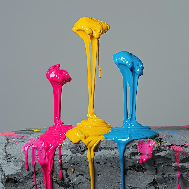 Photo three ink colors dripping cyan yellow and magenta on a smooth stone surface with a cool gray