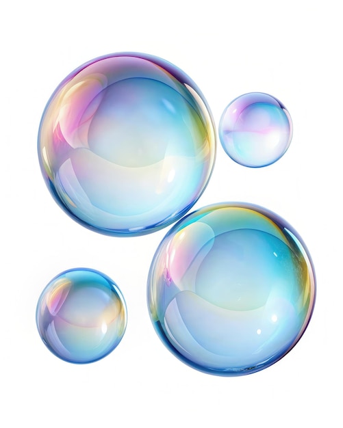 Three Iridescent Soap Bubbles Floating Against a White Background Generative AI