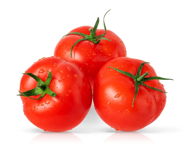 Three isolated tomatoes on white background