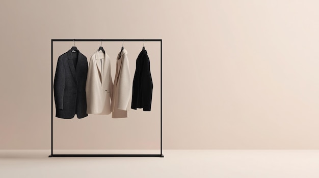 Photo three jackets hanging on clothes rail minimalist style