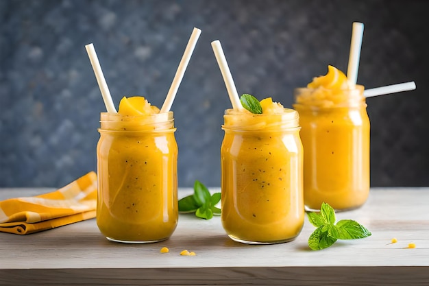 Three jars of mango smoothies with straws on a table