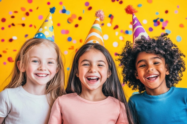 Three joyful children celebrate a birthday wearing colorful party hats on yellow backdrop