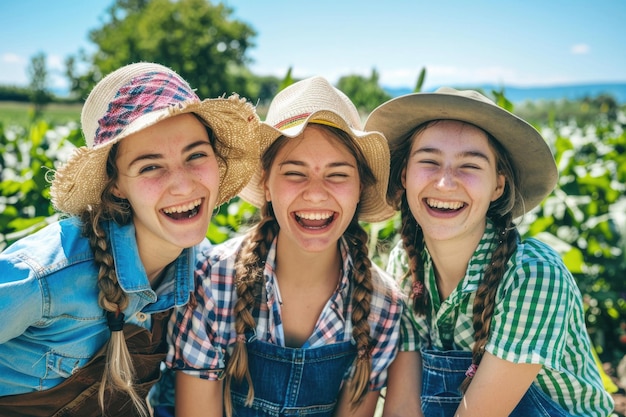 Three joyful faces of young European female farmers