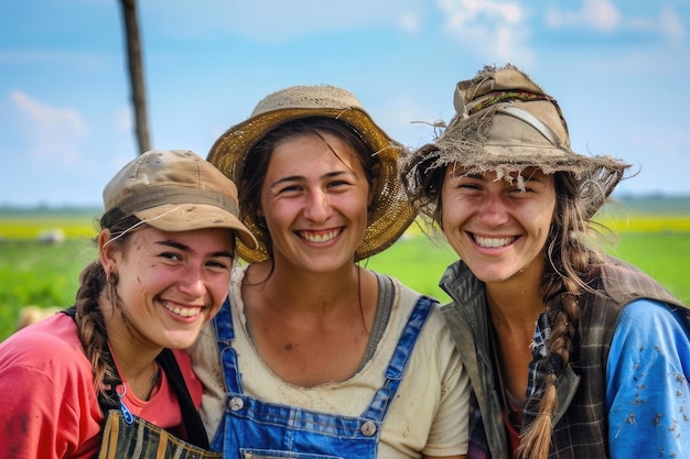 Three joyful faces of young European female farmers