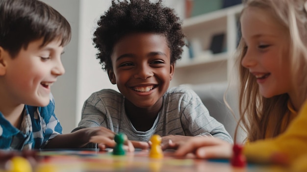 Photo three joyful kids having fun playing a board game together at home