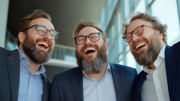 Photo three joyful men laughing together in a modern office setting showcasing friendship and teamwork