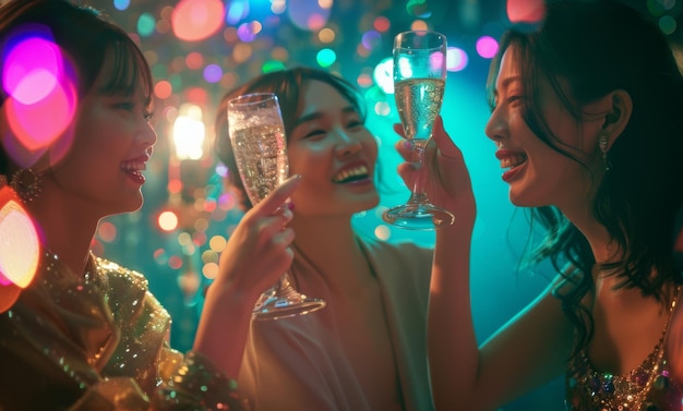 Three joyful women celebrating with champagne at a disco club