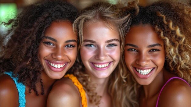 Three Joyful Young Women Smiling Together Indoors