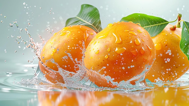 Three juicy mangoes with water drops and splash