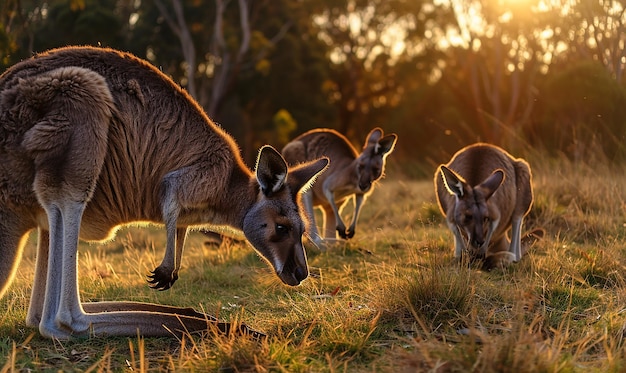 Photo three kangaroos are grazing in a field with the sun behind them