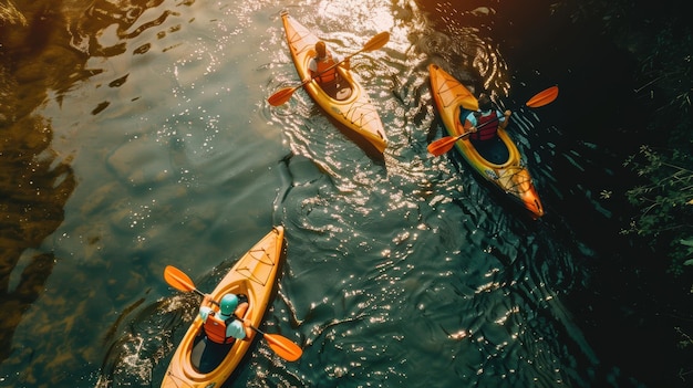 Photo three kayakers are paddling down a river enjoying the sunshine gleaming on the water