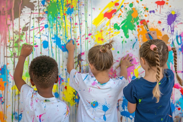 Three kids are painting a colorful mural together their clothes splattered with paint showing the joy and creativity of childhood