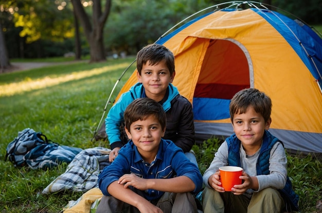 Photo three kids camping out in the park