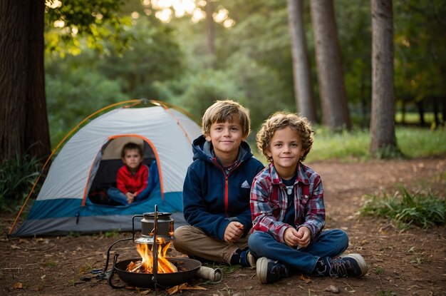 Photo three kids camping out in the park