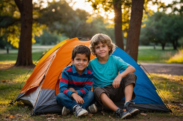 Photo three kids camping out in the park