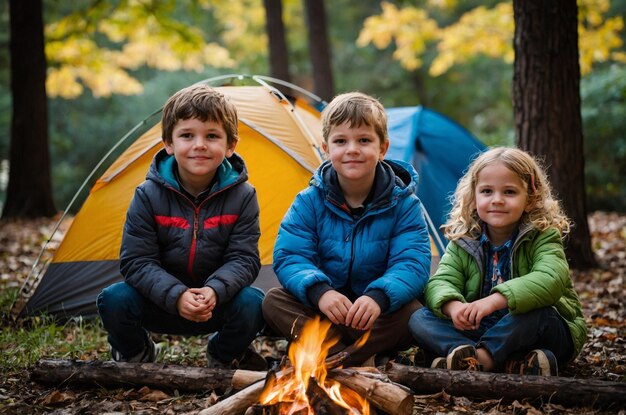 Photo three kids camping out in the park