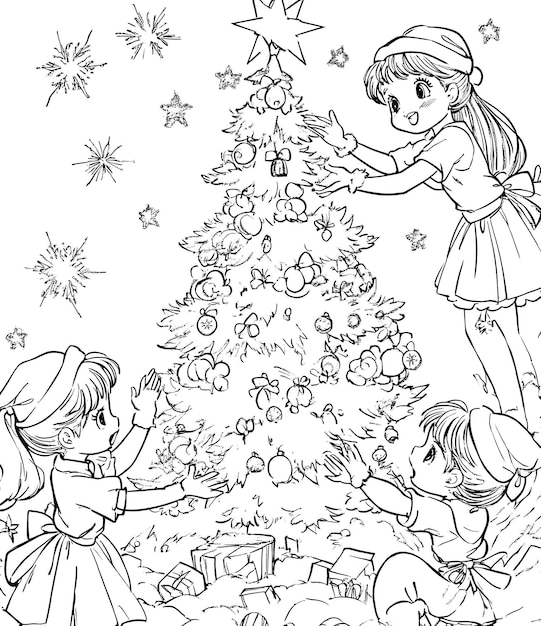 Three Kids Decorating a Christmas Tree