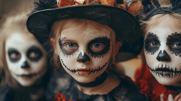 Three kids in intricate halloween attire and makeup