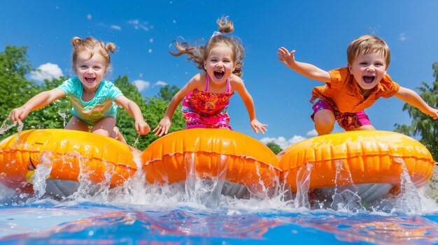 Three kids smiling and having fun jumping into pool on inflatable tubes