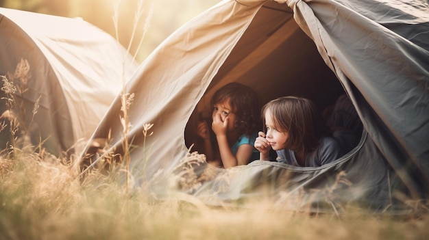 Three kids in a tent on a sunny day