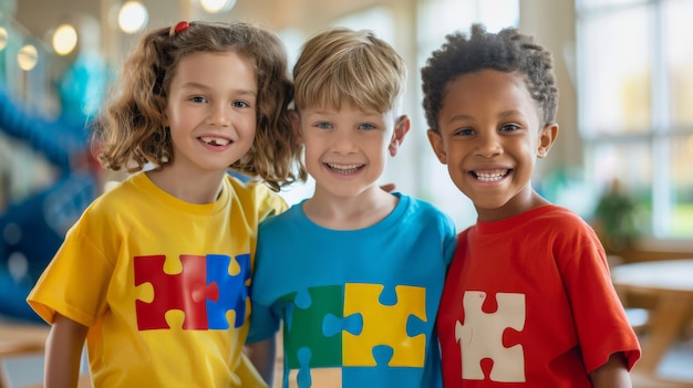 Three Kids With Puzzle Pieces on Shirts