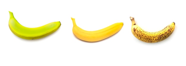 Three kind of banana unripe green normal ripe overripe isolated