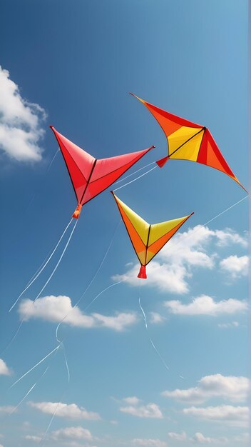 Photo three kites are flying in the sky one of which is yellow and red