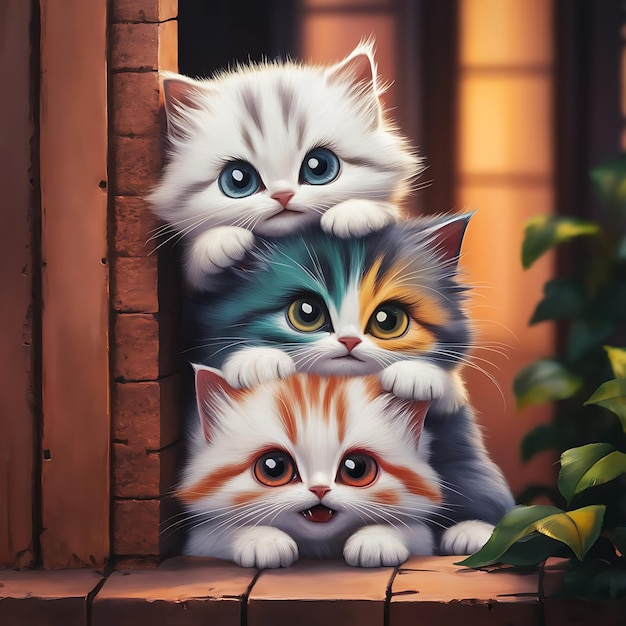 three kittens are sitting on a window sill with one being held up by their paws