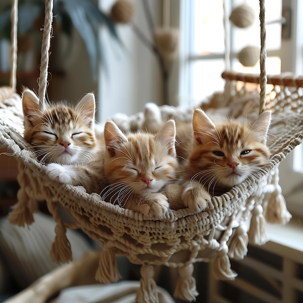 Photo three kittens are sleeping in a hammock in a room