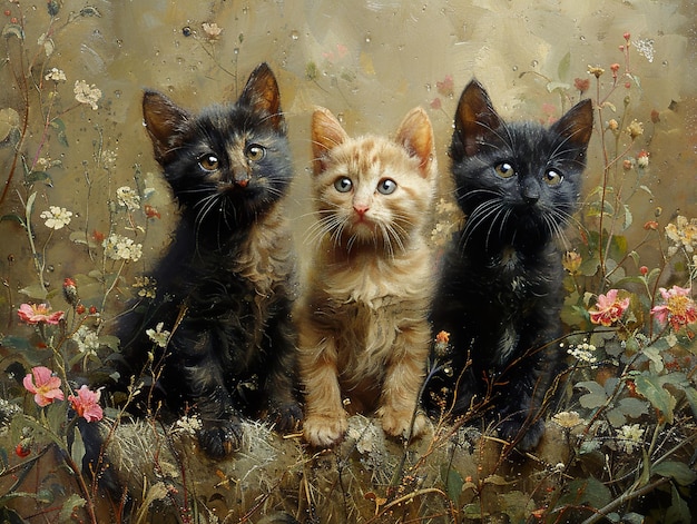 three kittens are standing in a field of flowers