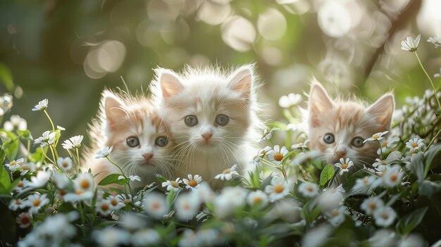 Photo three kittens in a field of daisies