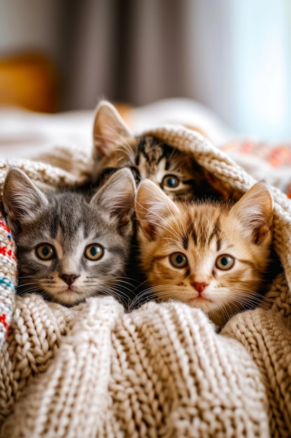 Three kittens peeking out from knitted blanket