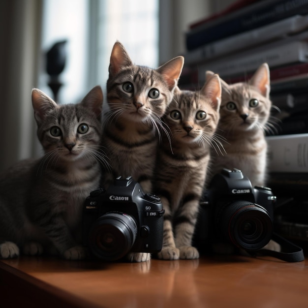 Three kittens sit next to a canon camera.