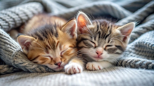 three kittens sleeping on a blanket with one sleeping