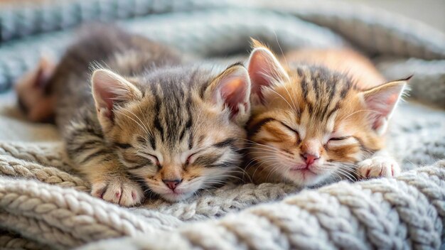 three kittens sleeping on a blanket with one sleeping