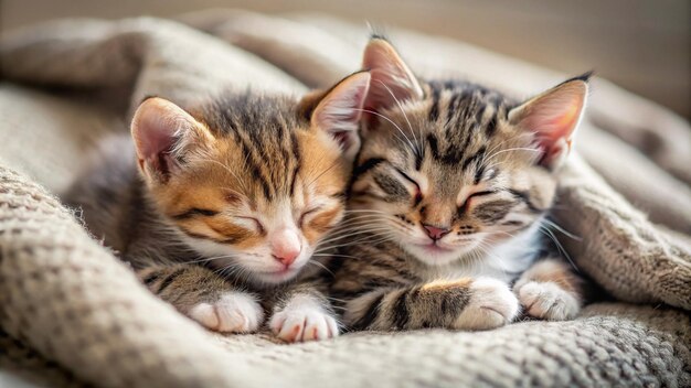 three kittens sleeping together on a blanket with one sleeping