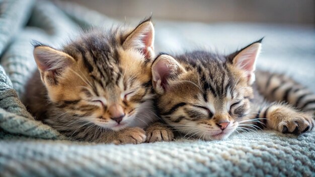 three kittens sleeping together on a blue blanket