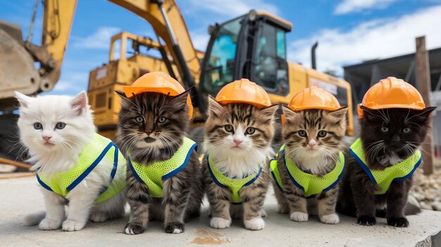 Photo three kittens wearing orange hats and one has a yellow hat on it