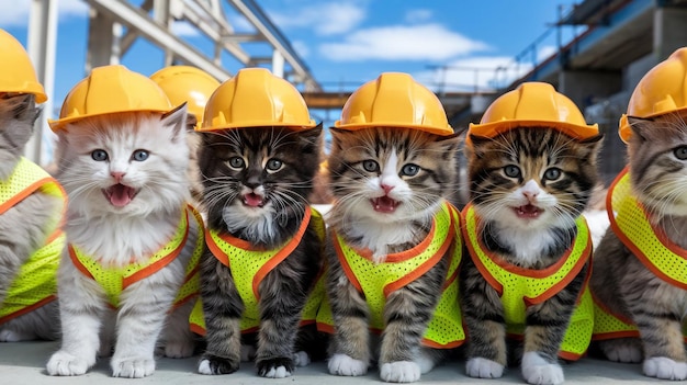 Photo three kittens wearing yellow construction jackets are wearing yellow construction helmets