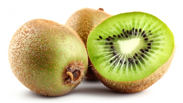 three kiwi fruit with a half cut in half and one half with a half of the other half