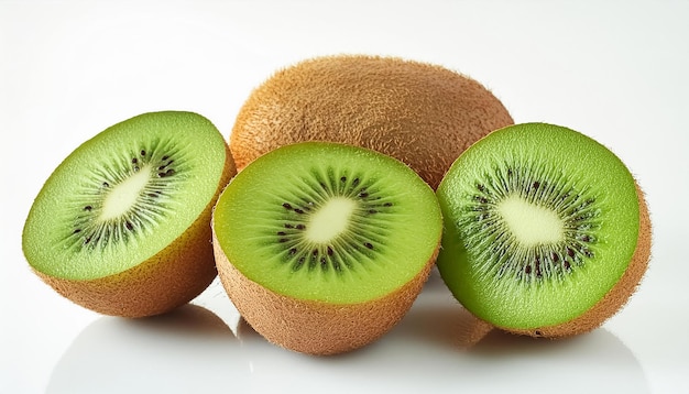 three kiwi fruit with kiwi on the top and one half of the other half