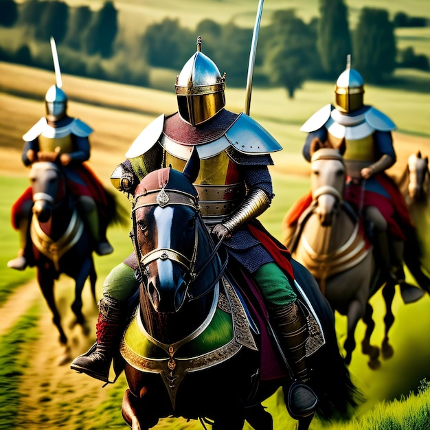 Three knights are riding horses with one wearing a helmet and the other wearing a helmet.