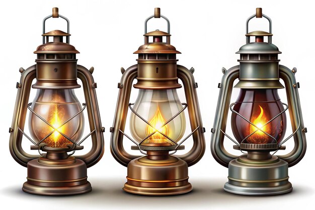 Photo three lamps with a fire burning inside and a picture of a fire on the bottom