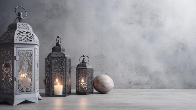 Three lanterns sit on a table with a white ball and a white candle.