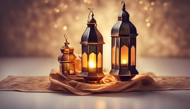 three lanterns with a light on the background