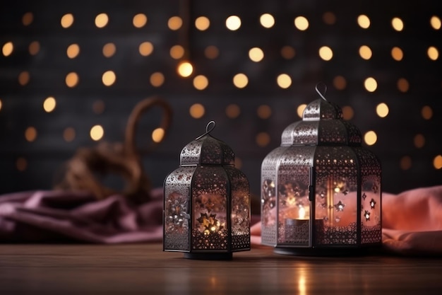 Three lanterns with lights in front of a christmas tree