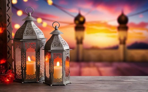 three lanterns with a sunset in the background