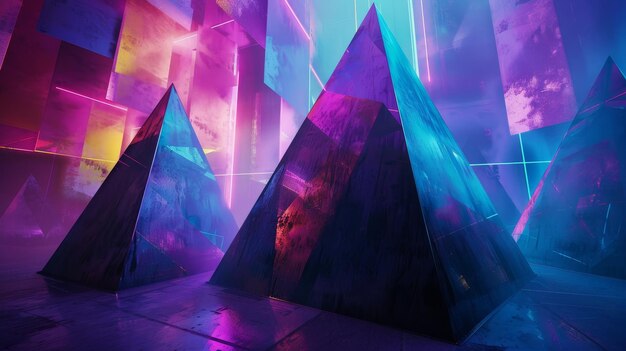 Photo three large glowing pyramids with vibrant neon lights create an otherworldly and futuristic lan