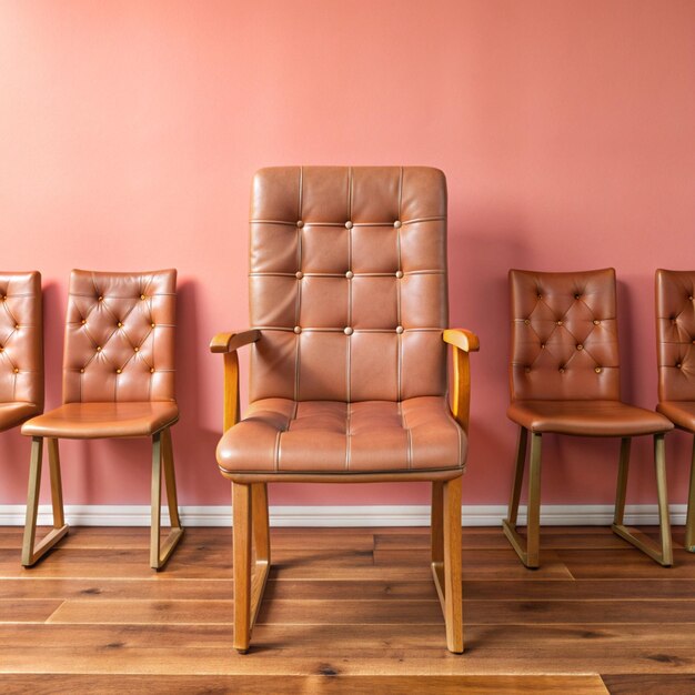 Photo three leather chairs are lined up against a wall one of which is red