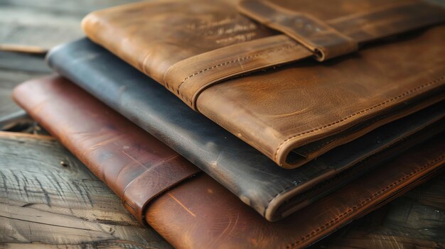 Three leatherbound journals stacked on a wooden surface